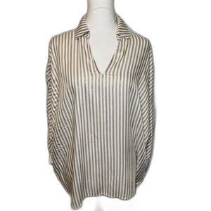 Chico's Striped V-Neck Long-Sleeve Collared Top White, Tan, Gold Size L